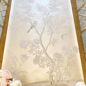 Monochrome Chinoiserie Wall Art – Hand-Painted Birds on Metallic Leaf | 36&quot;x66&quot; Botanical Panel ML-25