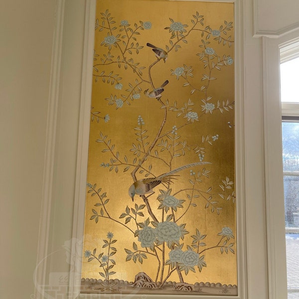 Arte murale Chinoiserie dorata – Pannello botanico dipinto a mano ML-14 30"x60" / Uccelli e fiori su foglia metallica / Murale senza cornice