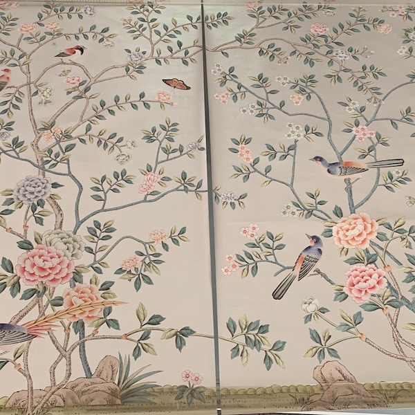 36" x 60" Chinoiserie Handpainted Artwork on Silver Metallic Leaf