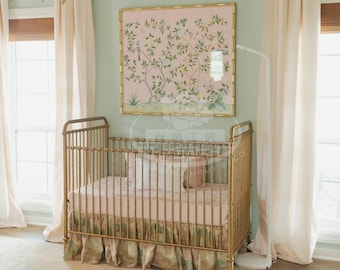 Chinoiserie Nursery Wall Art – Hand-Painted Botanical Birds on Pink Silk | Baby Girl Room Decor | 40&quot;x36&quot; Panel DP-59