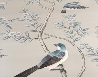36" x 60" Chinoiserie Handpainted Wallpaper on Light Silver Grey Silk with Partial Hand Embroidery
