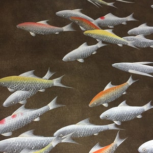 G-028 Koi Fish Chinoiserie Handpainting on Antiqued Black Metallic Leaf Wallpaper