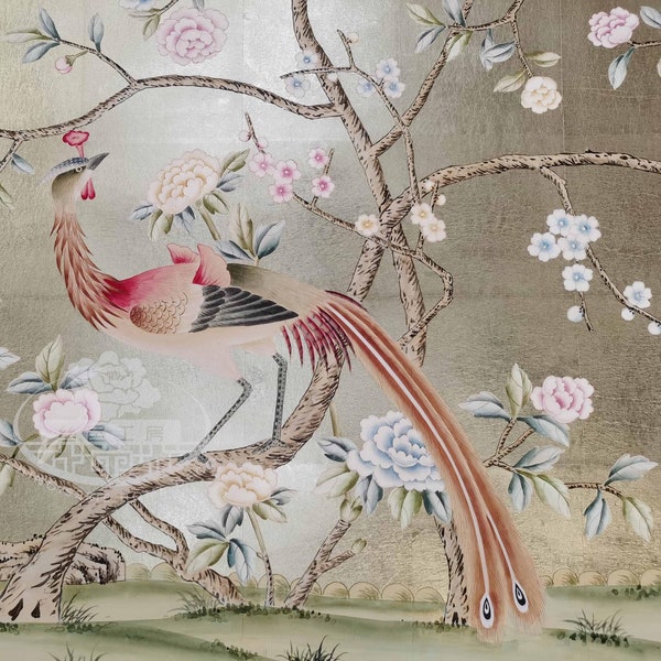 35" x 54" Chinoiserie Handpainted Artwork on Gold Metallic Leaf ML-24