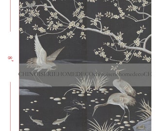 36&quot; x 96&quot; Chinoiserie Handpainted Artworks: Cranes on Antiqued Paper
