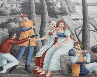 Puede incluir: Un mural que representa una escena histórica con figuras vestidas con ropa de época. Un hombre con una camisa roja ofrece una botella a un grupo de mujeres con vestidos blancos. Otro hombre con una túnica amarilla señala, mientras que un tercero toca la flauta.