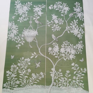 Green Chinoiserie Wall Panels – Hand-Painted Botanical Birds on Slub Silk | 22&quot;x60&quot; Unframed Pair CS-37