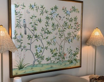 40" x 36" Chinoiserie Handpainted Artwork on Pink Spun Silk SP-34 Without Frame