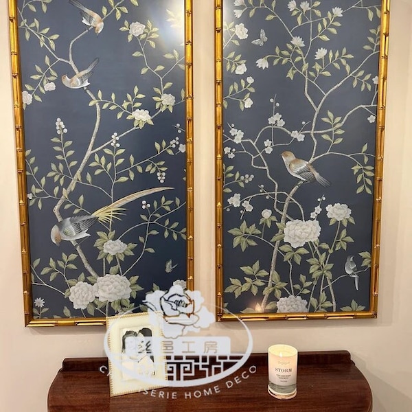 500mm x 1000mm Chinoiserie Handpainted Artwork on Deep Blue Silk SP-28 Without Frame
