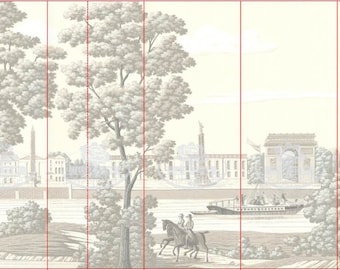 Puede incluir: Un diseño de papel tapiz vintage en blanco y negro que presenta una ciudad con árboles y un río. El papel tapiz tiene un patrón texturizado sutil.