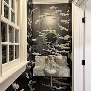 G-028 Koi Fish Chinoiserie Handpainting on Antiqued Black Metallic Leaf Wallpaper
