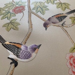 G-016 Birds and Vines: Chinoiserie Handpainted Wallpaper with Partial Hand Embroidery on White Silk with Pearlescent Mica Effect