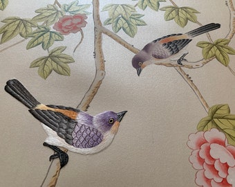 Birds and Vines: Chinoiserie Handpainted Wallpaper with Partial Hand Embroidery on White Silk with Pearlescent Mica Effect