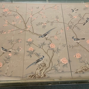 24" x 52" Chinoiserie Handpainted Artwork on Gray Slub Silk DP-24