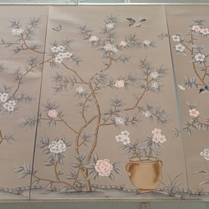 24" x 42" Chinoiserie Handpainted Silk Artwork on Grey Slub Silk