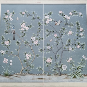 20 &quot;x 36&quot; x 2 Panels Chinoiserie Handgemaltes Kunstwerk auf Blau Slub Silk DP-54
