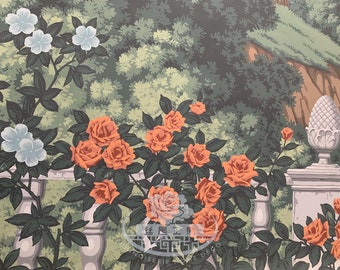 Puede incluir: Un diseño de papel tapiz vintage que presenta una escena de jardín exuberante con una valla blanca de madera y una fuente de piedra. El papel tapiz presenta una variedad de flores, incluyendo rosas, hortensias y lirios, en tonos de rosa, rojo y blanco. El fondo es de un verde intenso, creando una sensación de profundidad y tranquilidad.