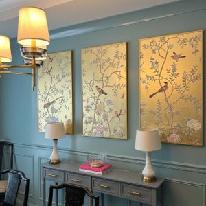 Gold Chinoiserie Wall Art – Hand-Painted Birds & Blossoms on Metallic Leaf | 24"x42" Oriental Panel ML-24