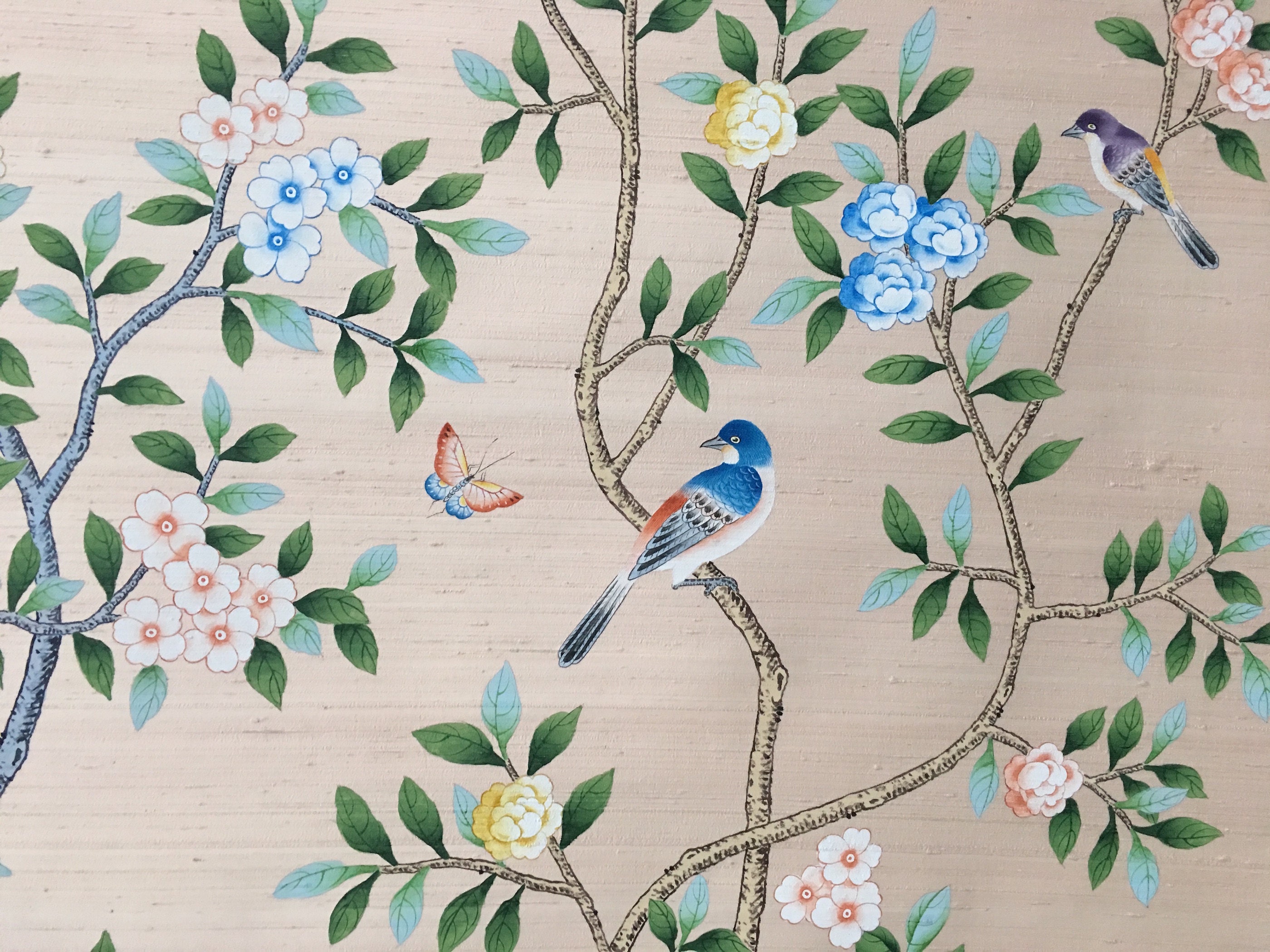 Chinoiserie handpainted wallpaper on pink silk panel size Chinoiserie handpainted wallpaper on pink silk panel size