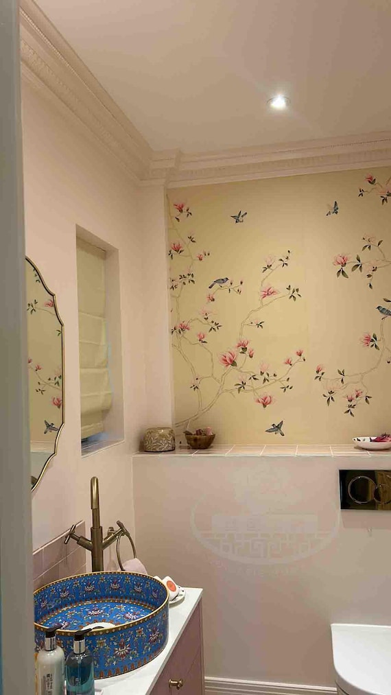 Chinoiserie Wall Art – Pair of 31"x52" Hand-Painted Panels on Ivory Silk | Pink Magnolia & Birds | Powder Room Mural