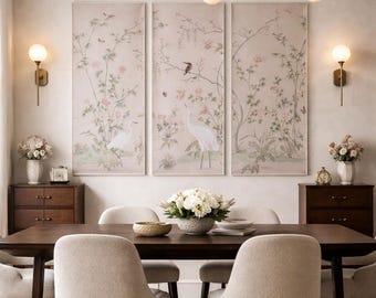 G-011 Riverside Scenery Chinoiserie Triptych on Pink Silk | Hand-Painted Art Panels with Partial Embroidery | Luxury Asian Wall Decor