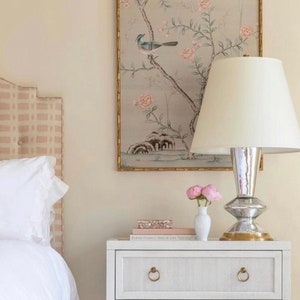 Ready to Ship: 24&quot; x 51&quot; Chinoiserie Handpainted Artwork on Light Gary Slub Silk