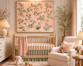 Ręcznie malowana grafika w stylu chinoiserie, 40" x 36" na różowym jedwabiu, bez ramki | Kwiatowa grafika ścienna z ptakami | Wystrój pokoju dziecięcego i sypialni