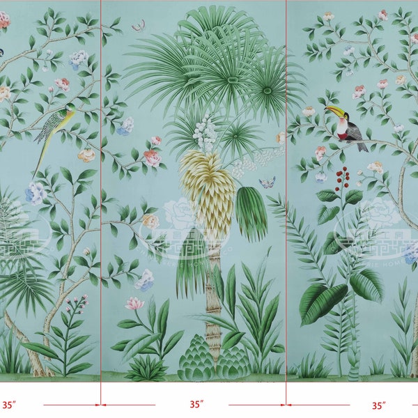 35" x 72" Chinoiserie Handpainted Artwork on Duckegg Blue Silk SP-35