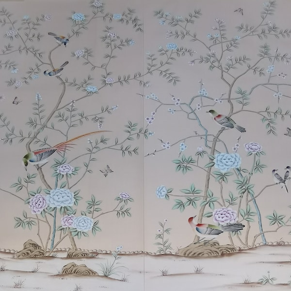 36" x 72" Chinoiserie Handpainted Artwork on Pink Silk