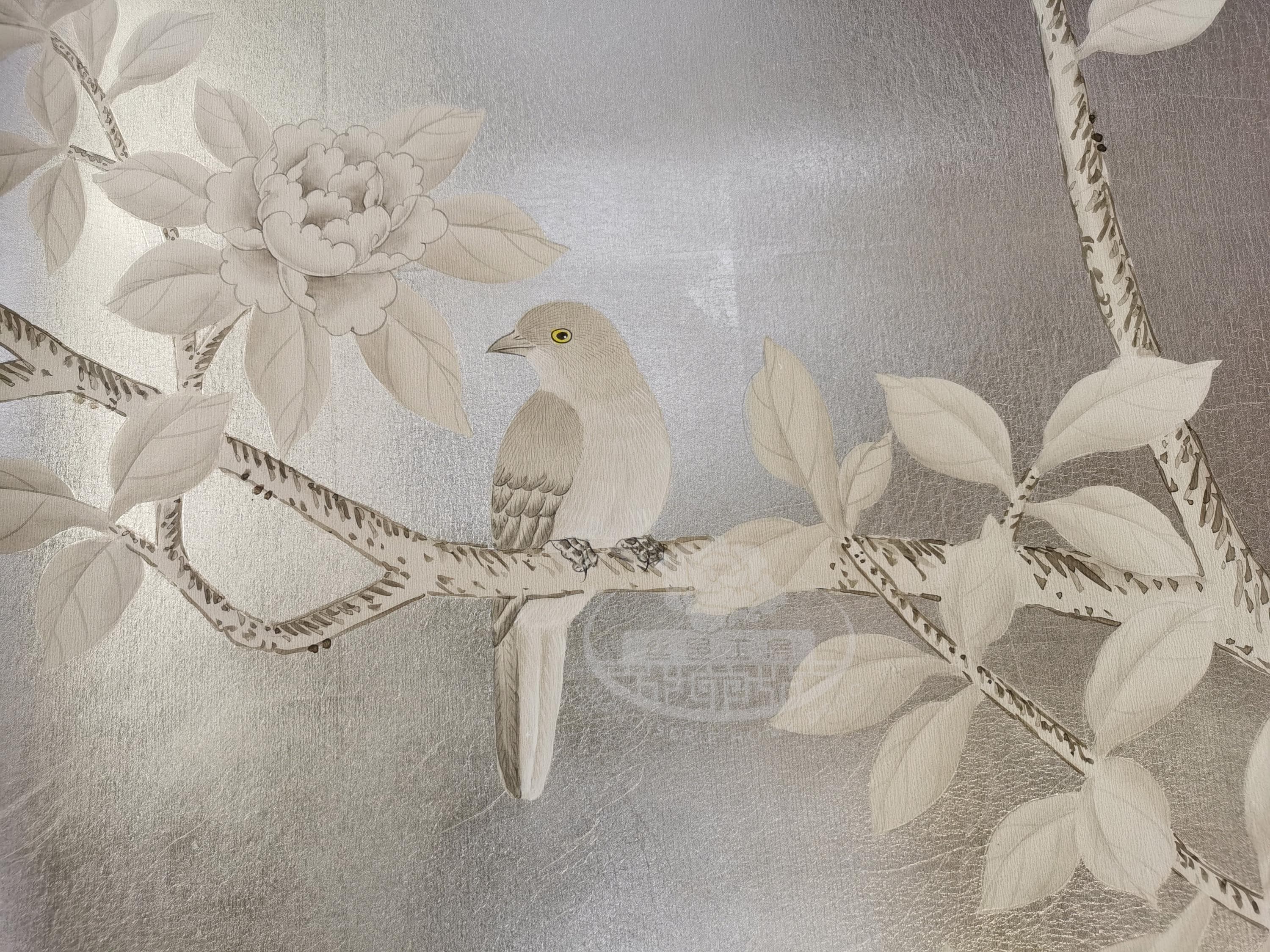 シノワズリ手描き壁紙 G-031 | シャンパンメタリックリーフ ML-25 に鳥