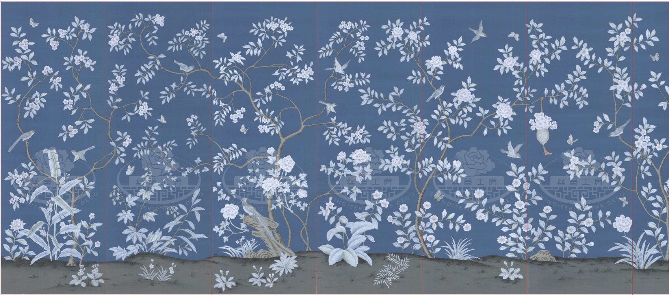 Chinoiserie Handpainted Wallpaper on Custom Blue Paper | Botanical ...