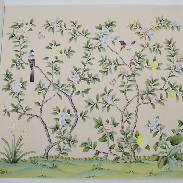 IN STOCK for immediate delivery: Chinoiserie Handpainted Artwork on Pink  Silk SP-23  40" x 36"