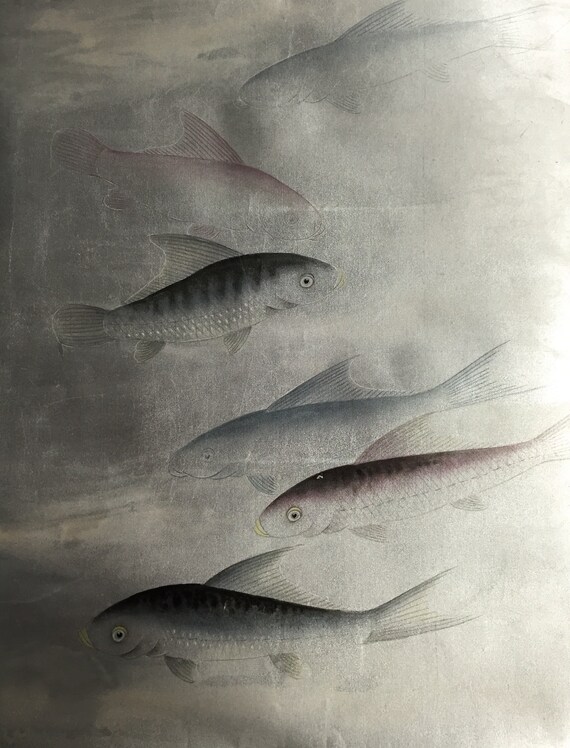 Koi Fish Chinoiserie Handpainting On Antiqued Silver Metallic Etsy Singapore