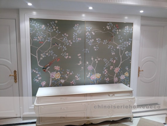 Chinoiserie Handpainted Wallpaper Peach Blossom Garden One Etsy