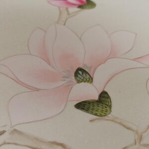Chinoiserie wall panels with pink magnolia and birds hand-painted on ivory silk