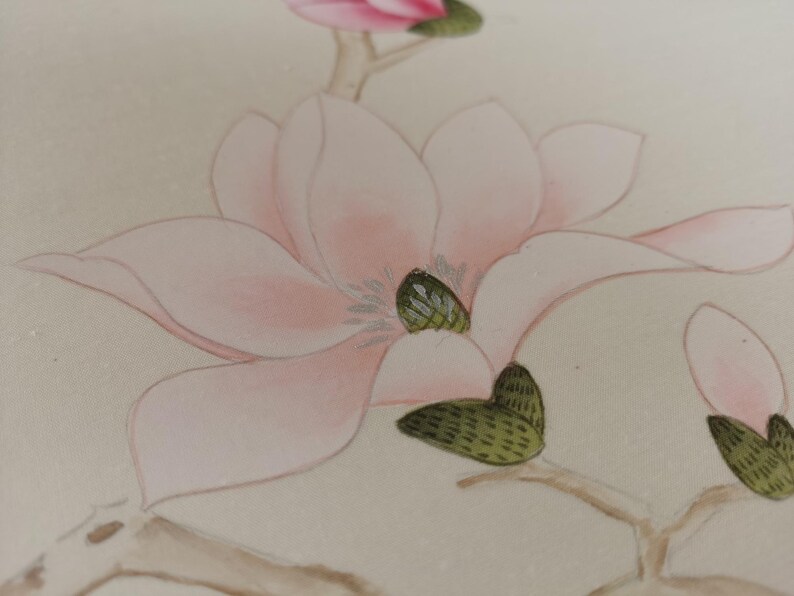 Chinoiserie wall panels with pink magnolia and birds hand-painted on ivory silk