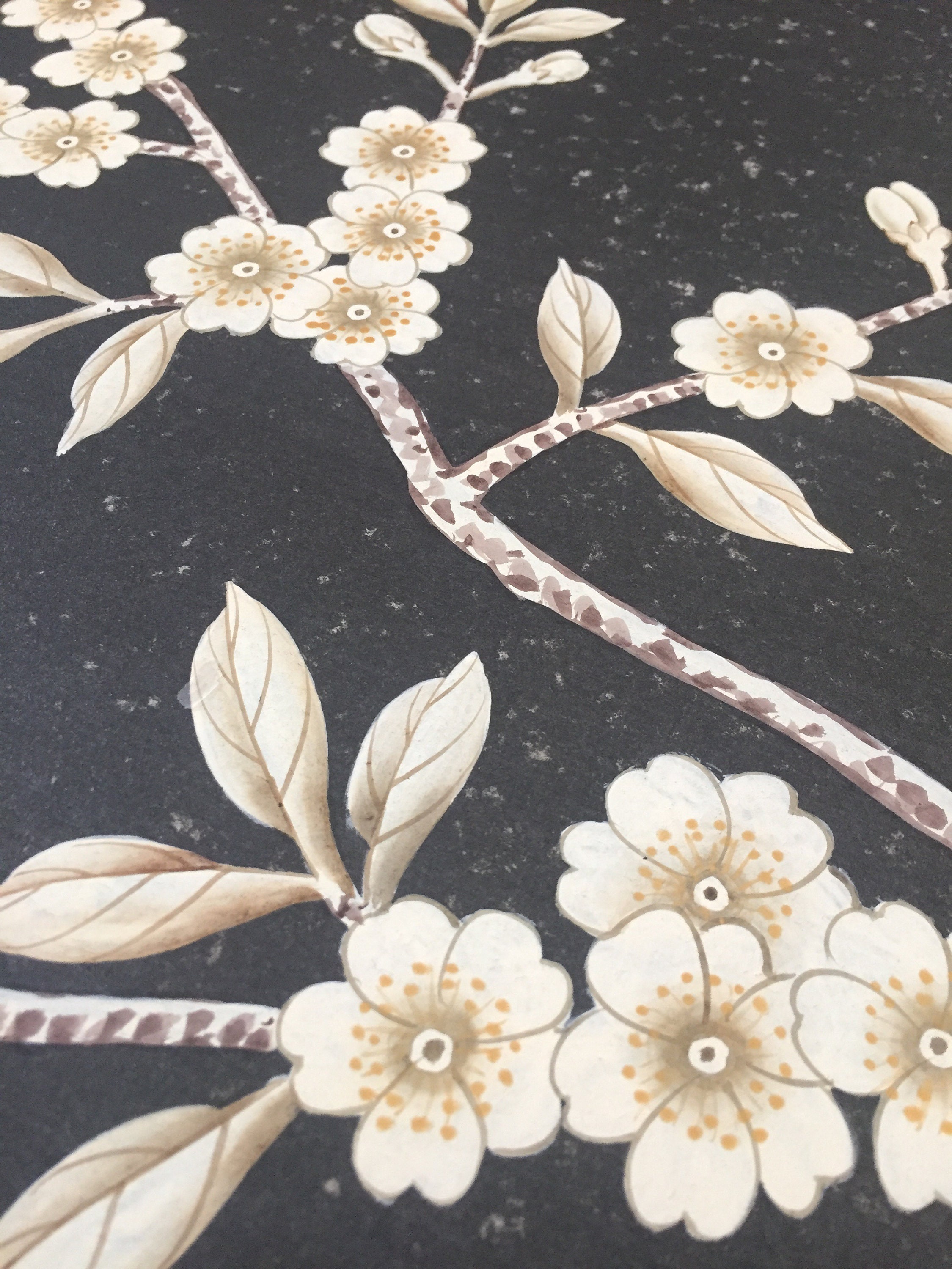 Chinoiserie Hand-painted Crane Wallpaper Mural on Black Silk – Powder ...