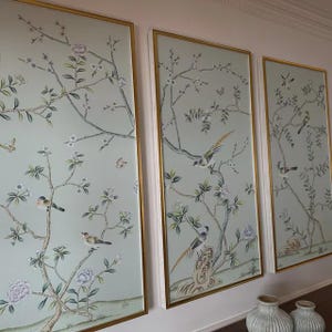 Chinoiserie Handpainted Wall Art Unframed – Birds & Peonies on Pale Blue Silk SP-30 | 24"x48" Botanical Panel for Dining Room or Hallway