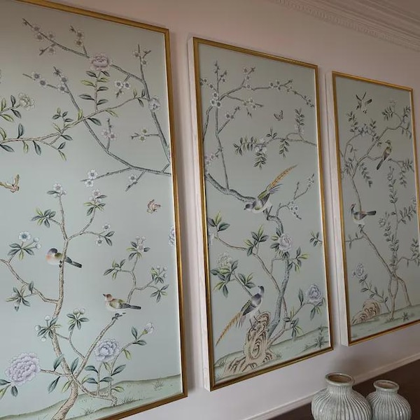 Chinoiserie Handpainted Wall Art Unframed – Birds & Peonies on Pale Blue Silk SP-30 | 24"x48" Botanical Panel for Dining Room or Hallway