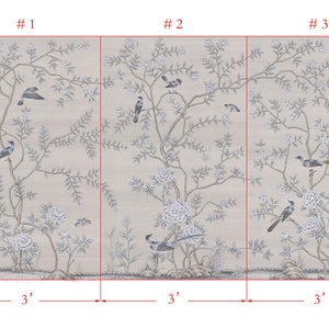 36" x 60" Chinoiserie Handpainted Artwork on Silver Grey Slub silk