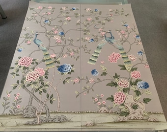 30&quot;x70&quot; Chinoiserie Handpainted Peacock and Peony on Silver Grey Silk