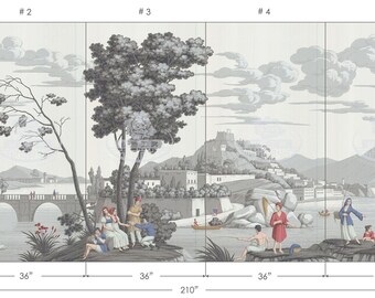 Puede incluir: Un mural de papel tapiz de seis paneles que representa un pintoresco paisaje italiano con un puente, un río, montañas y figuras en primer plano. El mural está impreso en tonos de gris, azul y rojo.