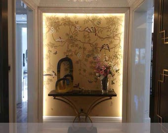 Chinoiserie Handpainted Silk Wallpaper – Vines & Birds on Yellow Ground | Custom Luxury Wall Mural for Foyer or Entryway