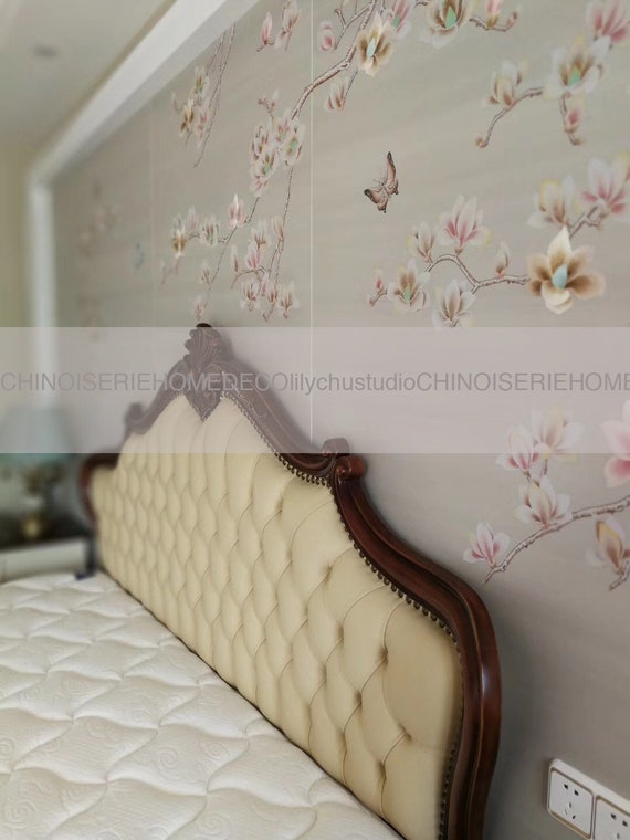 Magnolia Chinoiserie Handpainted Wallpaper With Partial Hand Etsy