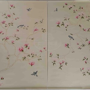 Chinoiserie wall panels with pink magnolia and birds hand-painted on ivory silk