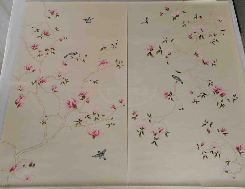 Chinoiserie wall panels with pink magnolia and birds hand-painted on ivory silk