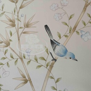 Hand-painted chinoiserie wall panels featuring bamboo, birds, and white peonies on ivory silk, custom artwork in a soft green garden landscape
