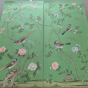 22" x 45" Chinoiserie Handpainted Artwork on Emerald Green Silk, Custom Size Available