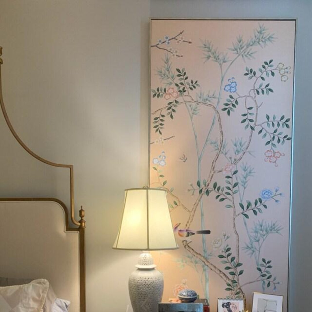 Chinoiserie Wall Art Panel – Hand-painted Birds & Flowers on Light Pink ...