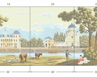 Puede incluir: Un mural de papel tapiz vintage que representa una escena pastoral con un edificio blanco, un río, árboles y figuras. El mural está dividido en tres secciones, cada una de 91,44 cm de ancho y 121,92 cm de alto.
