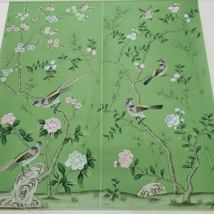 IN STOCK for Immediate Delivery: A Pair of 22" by 45" Chinoiserie Handpainted Artwork on Emerald Green Spun Silk SP-13